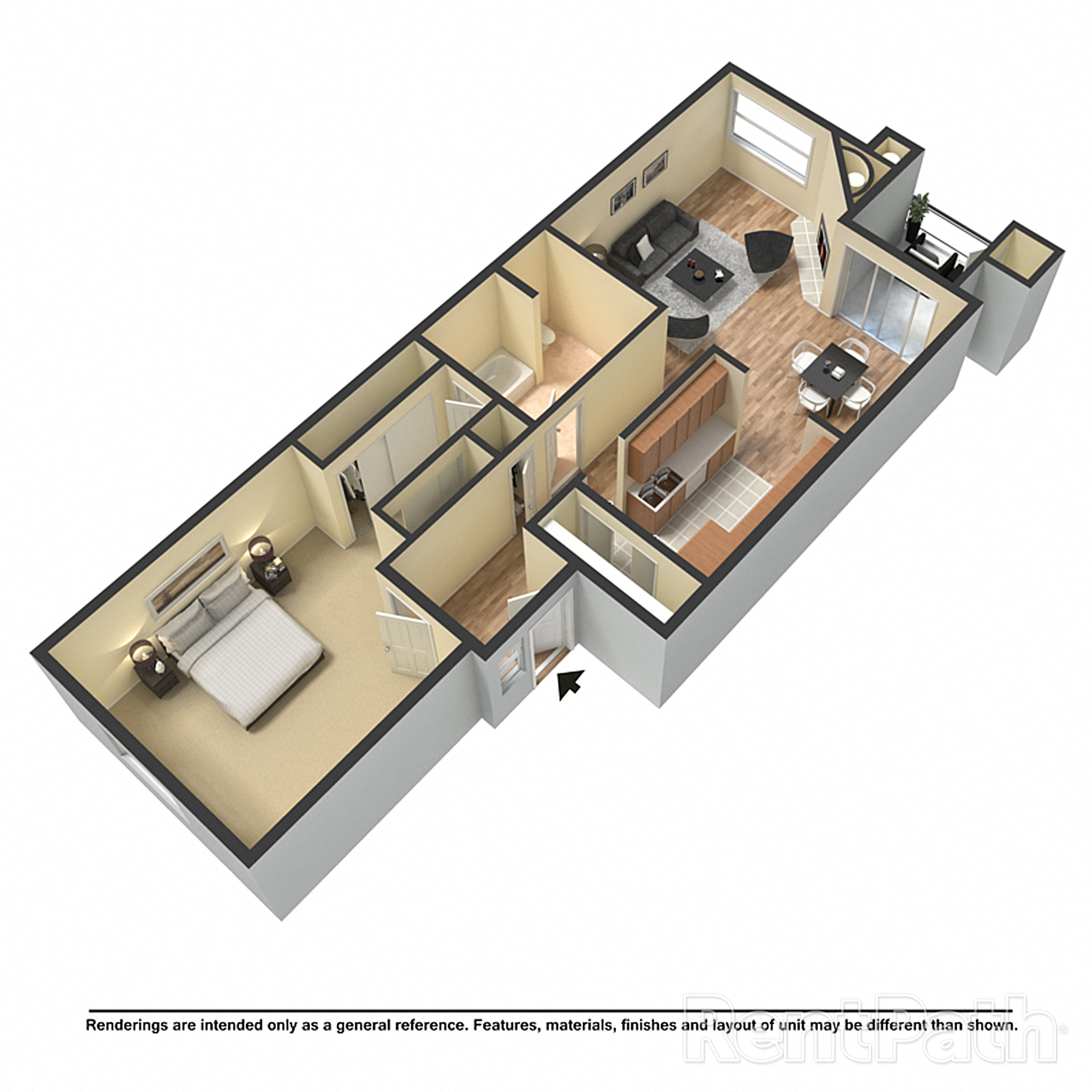 Floor plan for 1 bed, 1 bath, 768 sqft